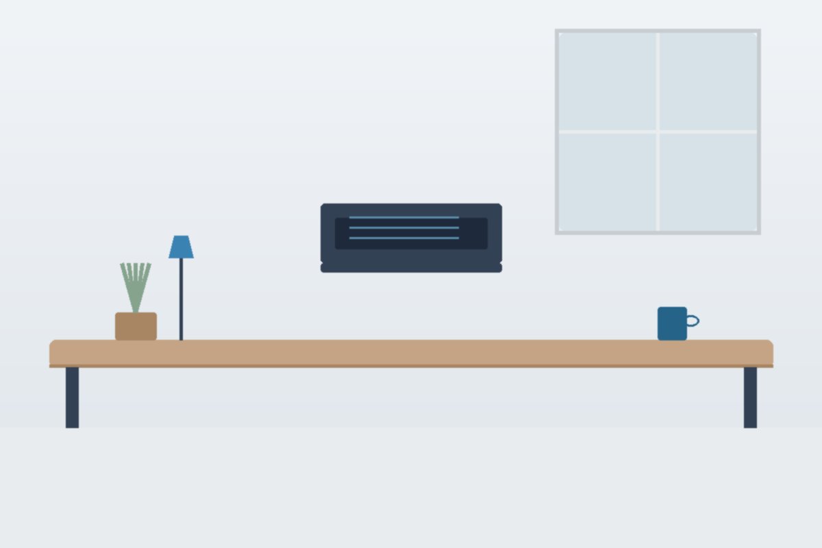 Illustration of a tidy home workspace with a laptop, desk lamp, and a small plant